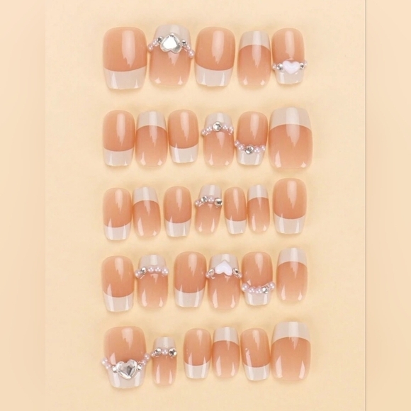 2/$16 3D Rhinestone Heart French Manicure Press On Nails - Picture 3 of 15